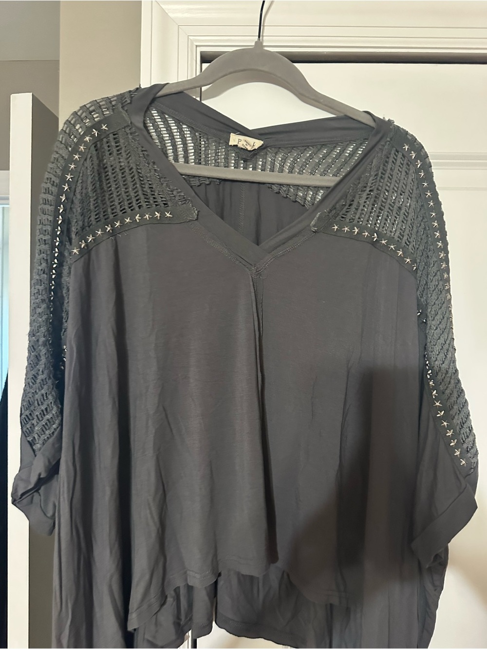 Lightweight V-Neck studded Crochet Shoulder top - Charcoal